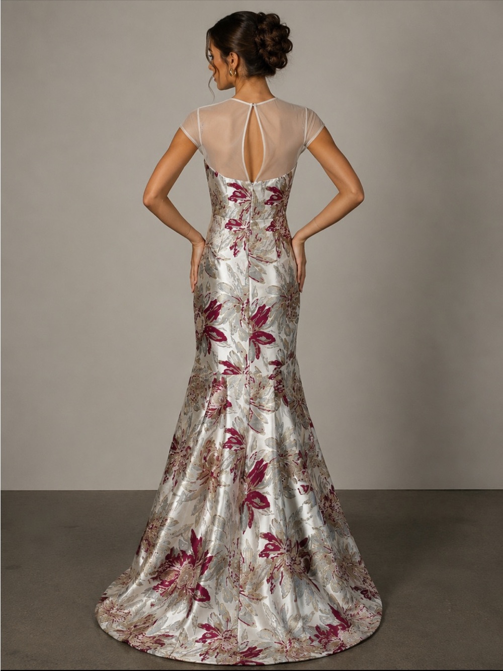 Aidan Mattox jacquard short sleeve mesh top long gown - Picture 3 of 17
